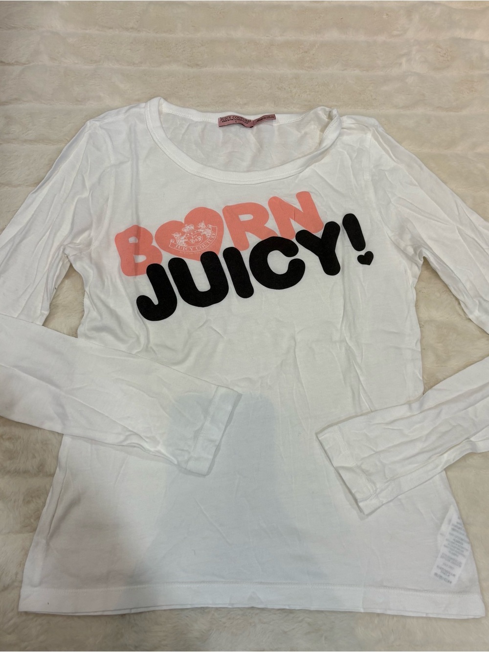 Juicy Couture White Long Sleeve Top with Pink and Black "Born Juicy" Graphic
